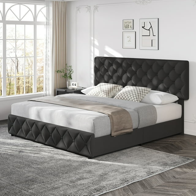 EDTara Upholstered Platform Bed with Storage Drawers & Adjustable Headboard, Linen Fabric, Diamond Button Tufted, No Box Spring Required