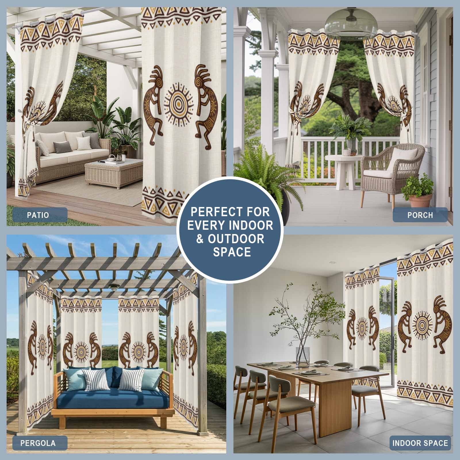 Bohemian Tribal Sunburst Outdoor Curtains for Patio, Boho Mysterious Geometric Brown Sun Symbol Sunshade Privacy Drapes Grommet Waterproof Outside Curtains for Porch/Cabana/Balcony 54"x 108", 1 Panel