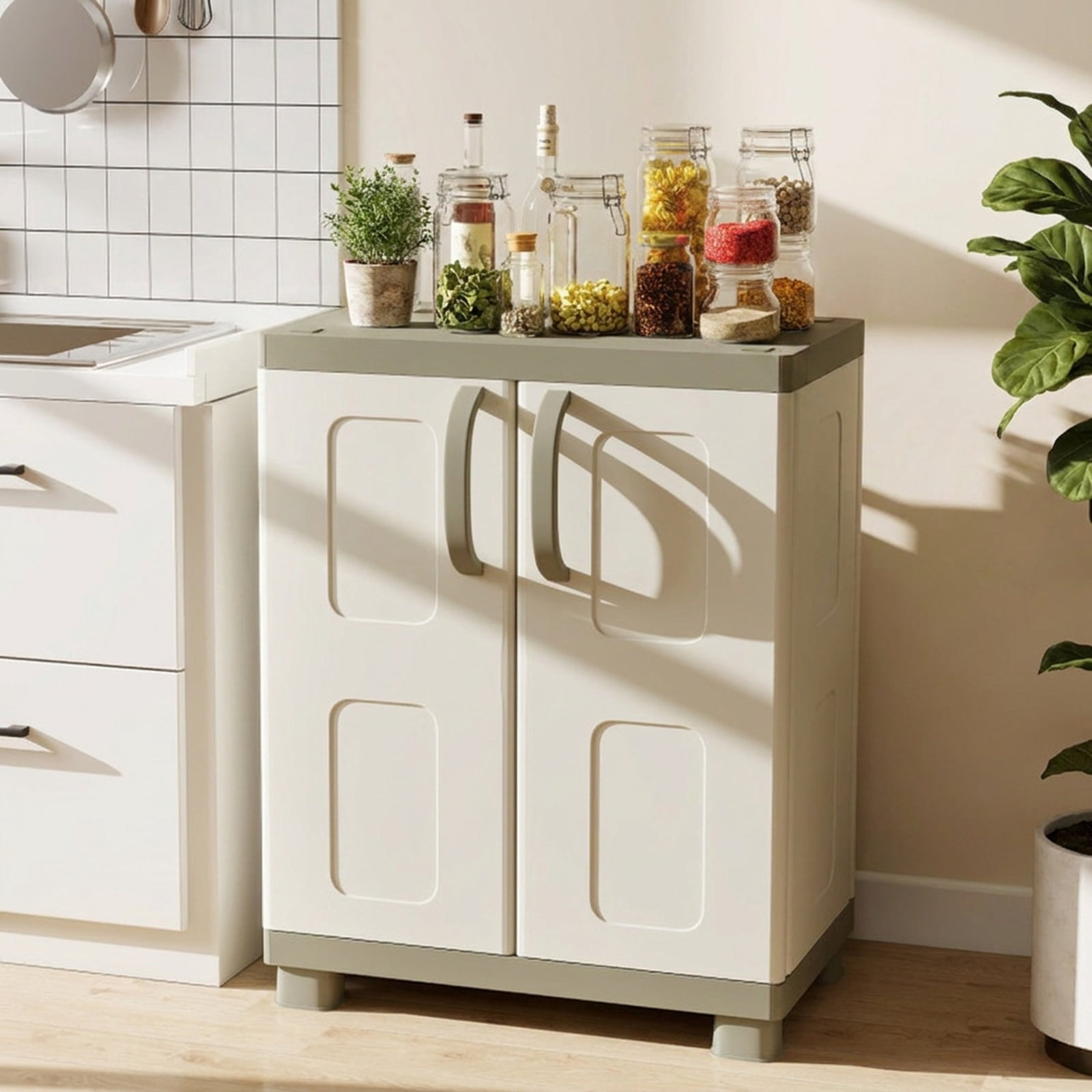 Furnibear Freestanding Buffet Cabinet Sideboard with 2 Doors and Adjustable Shelves for Kitchen and Garage for Kitchen Dining Living Room, Beige