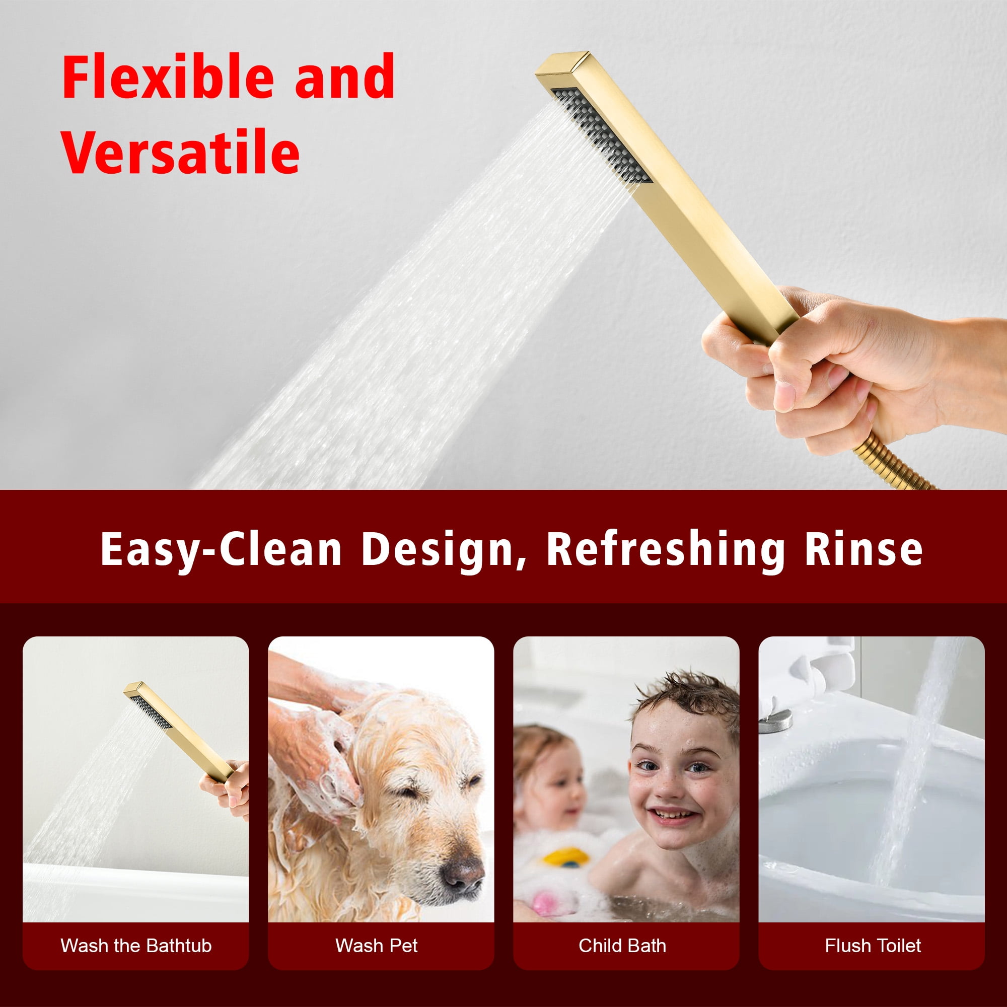 SUMERAIN Brass Floor Mount Bathtub Faucet with Handheld Shower, High Flow Bathroom Freestanding Tub Filler Faucet Brass Single Handle, Brushed Gold