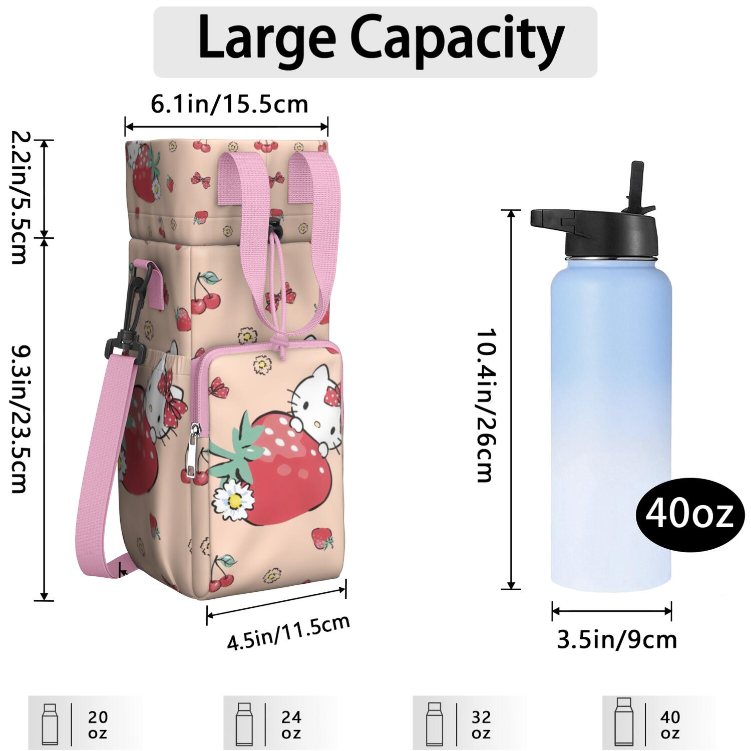 Insulated Water Bottle Carrier Bag Sleeve with Strap Crossbody for 20/24/32/40oz Tumbler,Hello Kawaii Cat Cute Water Bottle Holder Sling Bag with Pocket Gifts for Women Men Adults