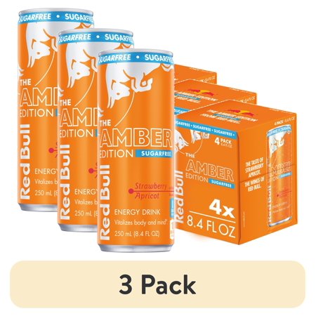 (3 pack) Red Bull Amber Edition Sugarfree Energy Drink, Strawberry Apricot, 8.4 fl. oz., Pack of 4 Cans