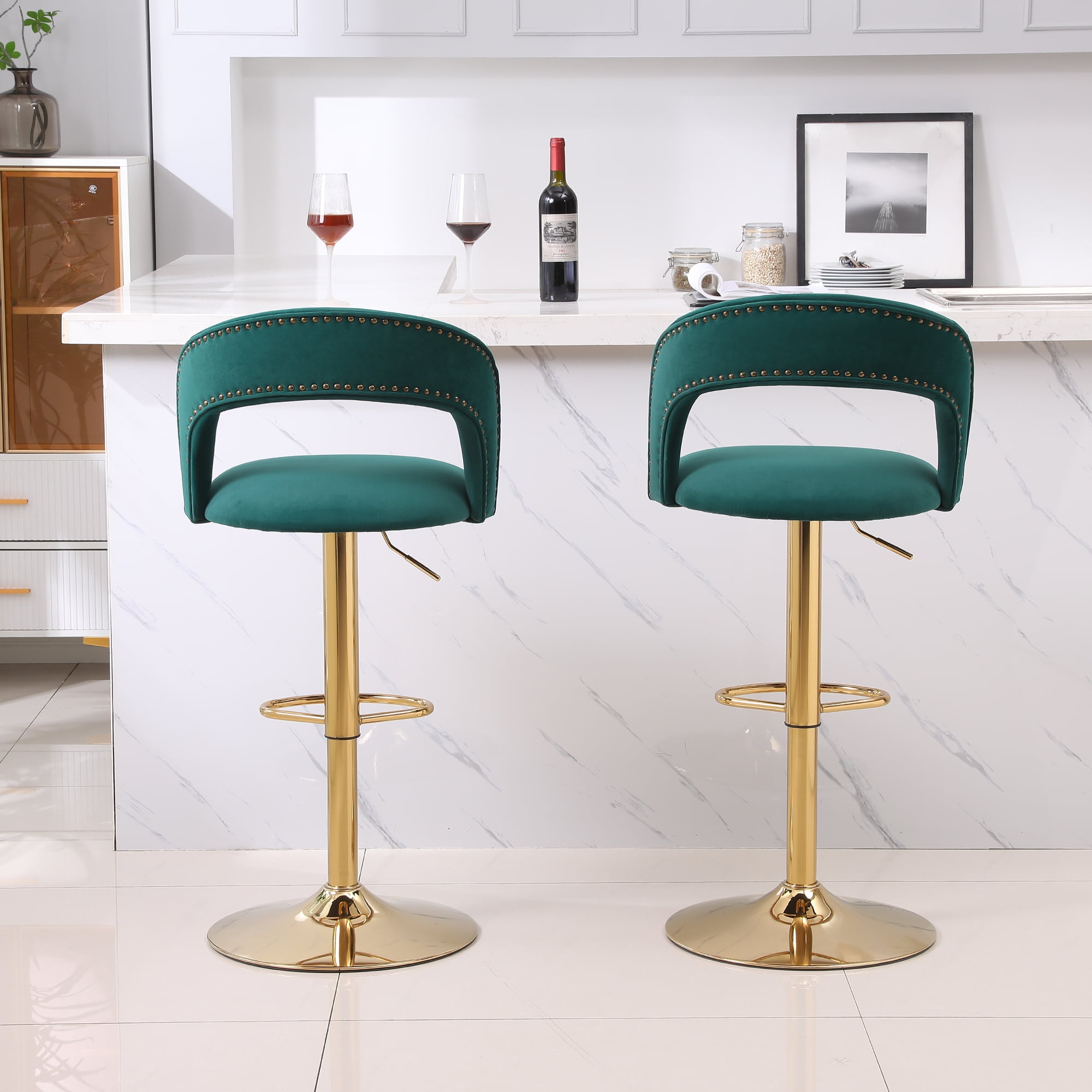 YYAo Swivel Bar Stools Chair Set of 2, Modern Adjustable Counter Height Bar Stools, Velvet Upholstered Stool with Back& Footrest for Kitchen, Emerald YYAo Swivel Bar Stools Chair Set of 2, Modern Adjustable Counter Height Bar Stools, Velvet Upholstered Stool with Back& Footrest for Kitchen, Emerald
