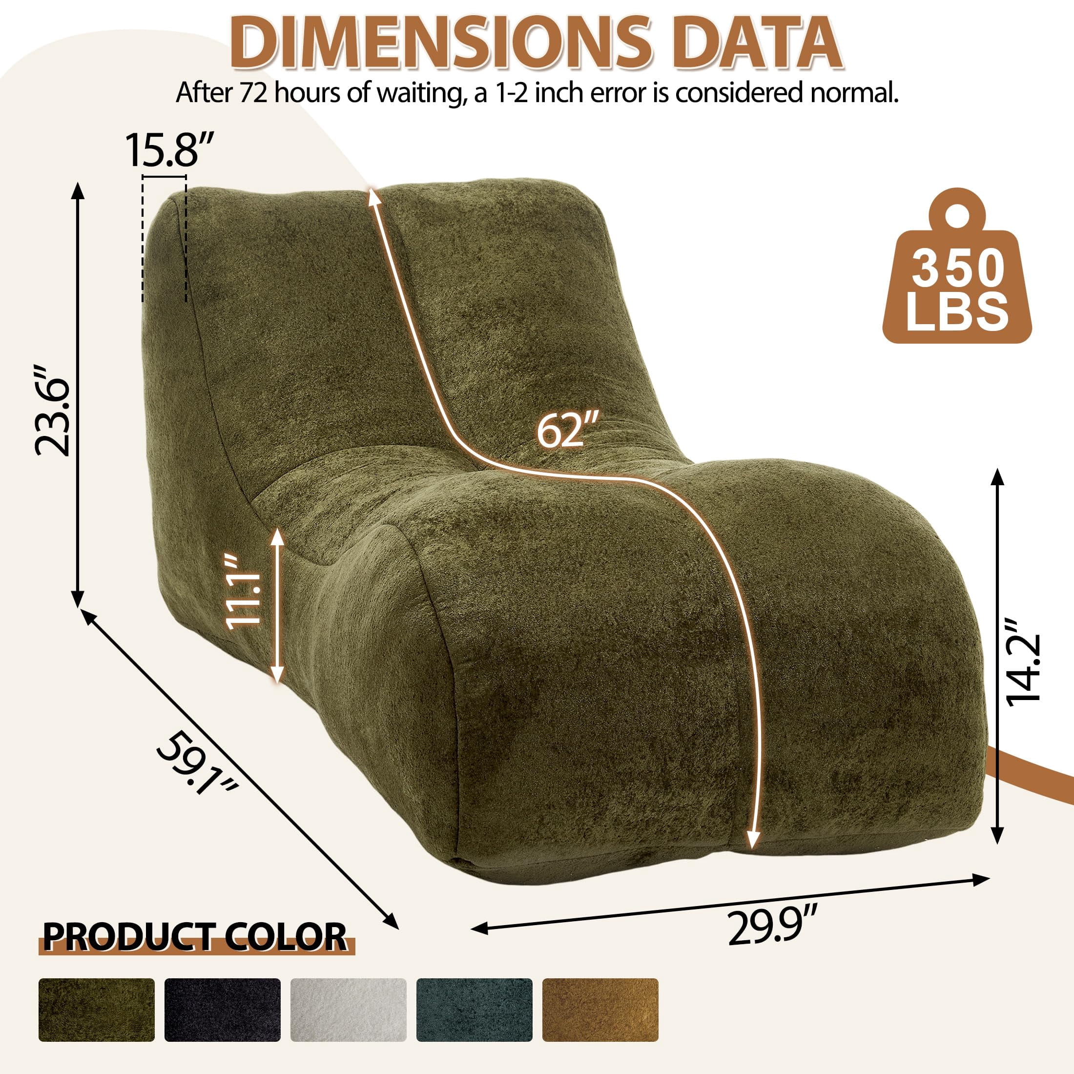 Aukfa Chaise Lounge, Bean Bag Sofa for Stretching, Relaxation, High Density Foam Recliner, Olive