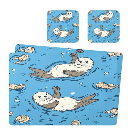

Wobogo Cute Otter Pattern Placemats Coasters Set of 2 Heat-resistant Non-slip Easy to Clean Square Dinner Plate Mat