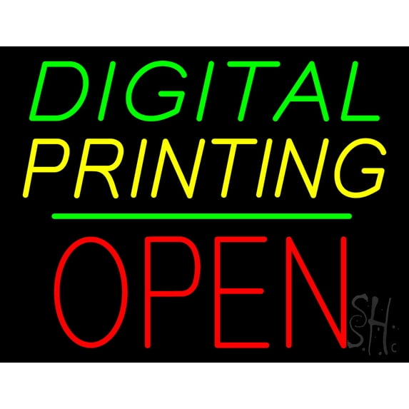 Digital Printing Block Open Green Line LED Neon Sign 15 x 19 - inches, Clear Edge Cut Acrylic Backing, with Dimmer - Bright and Premium built indoor LED Neon Sign for Computer & Electronics store.