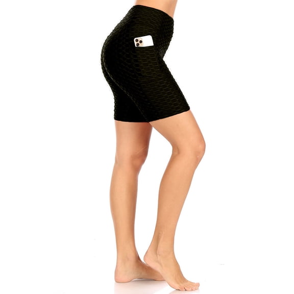 Women’s Textured Active Shorts with High Waist and Side Pockets-Black M/L