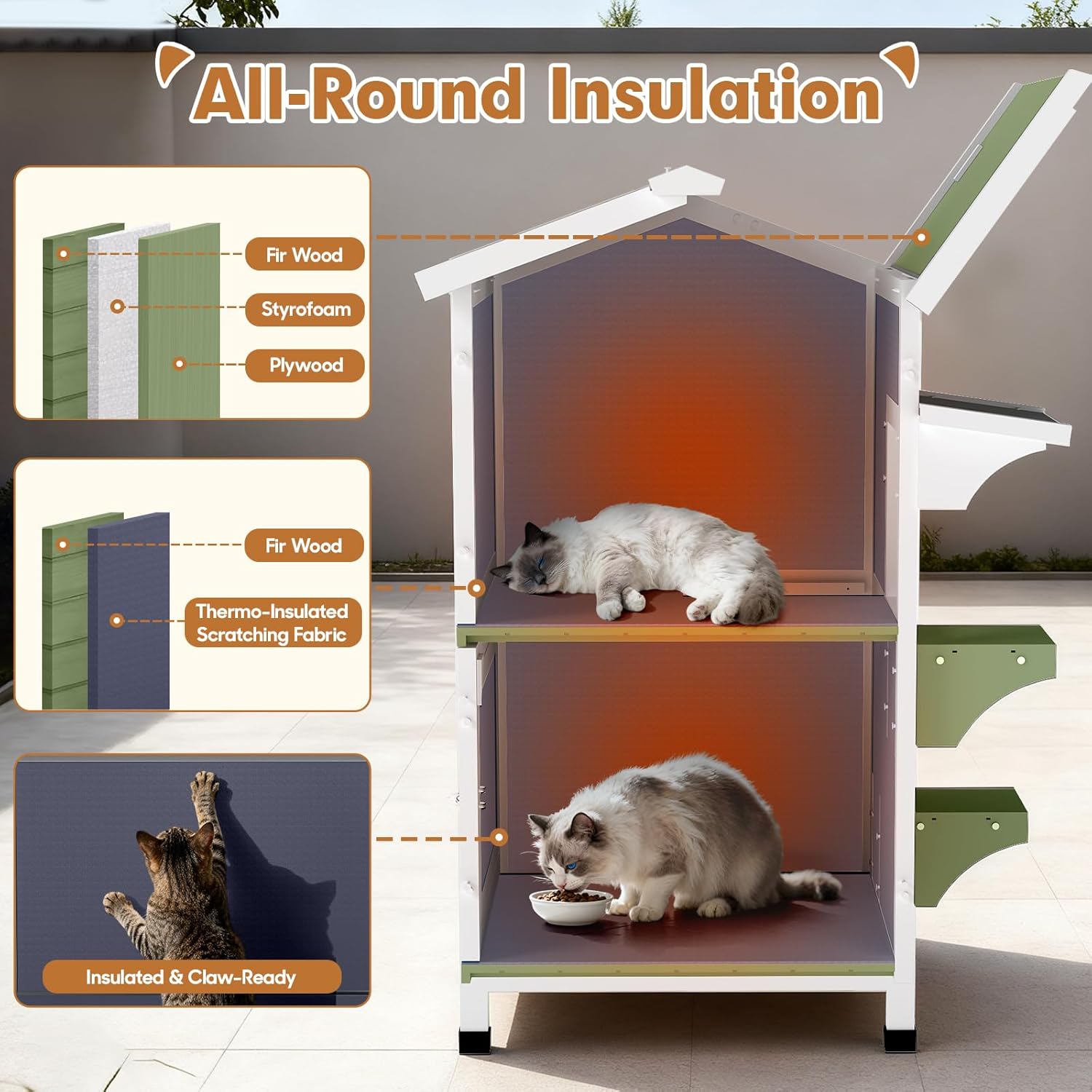 Gowoodhut 2 Story Insulated Outdoor Cat House with Insulated Liner Weatherproof Elevated Outside Cat Shelter,Green