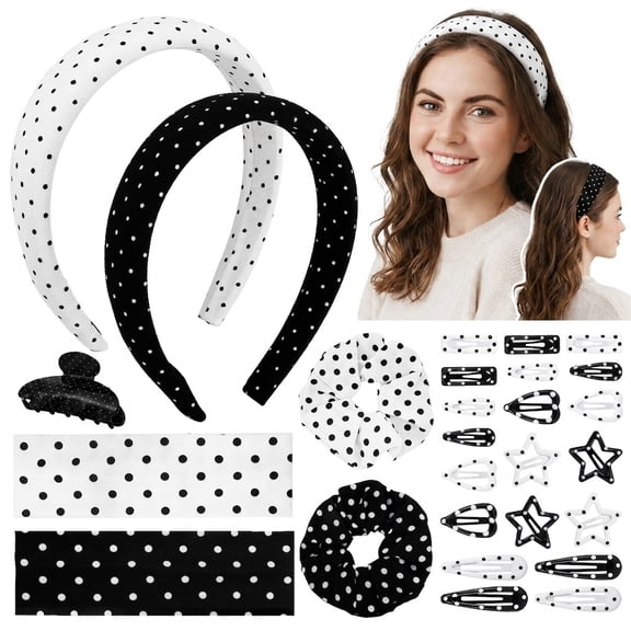 Bocaoying 28 Pcs Vintage Polka Dot Hair Accessories, 2 Set Classic Black White Headbands, Stylish Hair Clips Scrunchies for Daily Use, Great Gift for Women