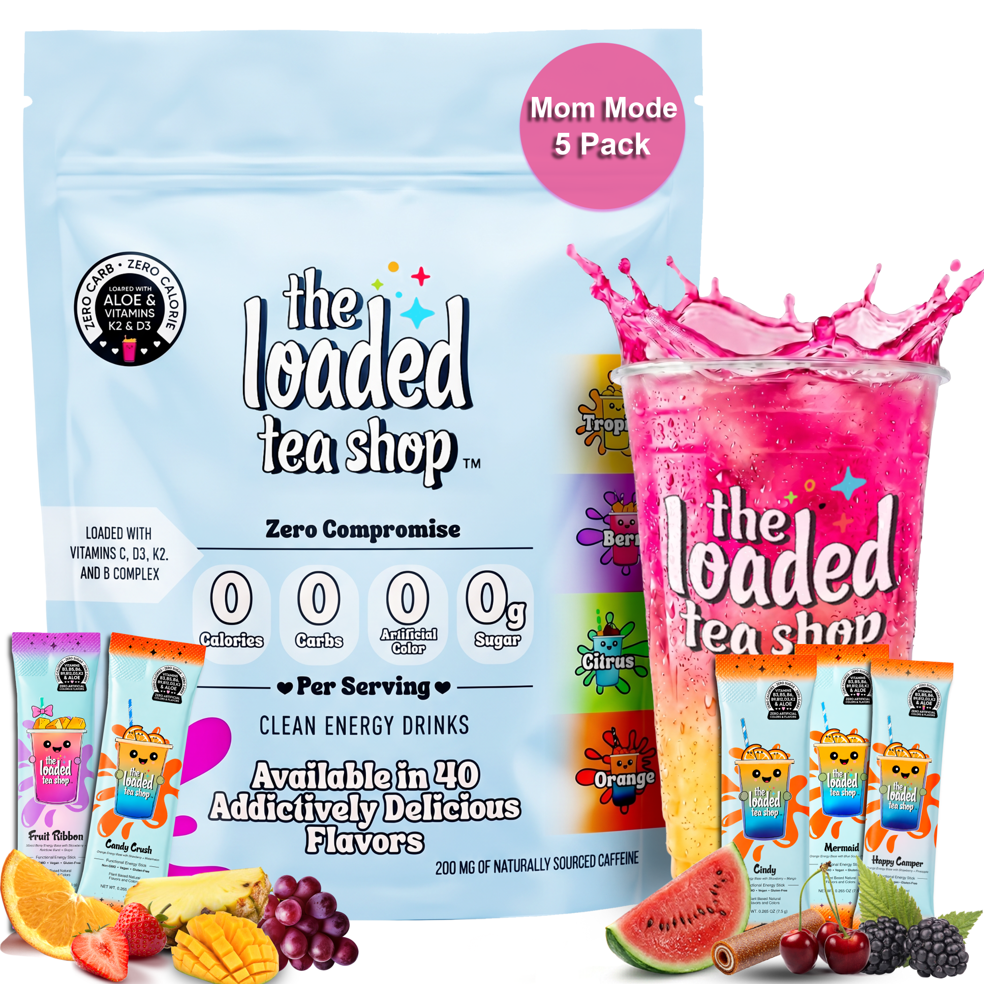 The Loaded Tea Shop Mom Mode Energy Drink Mix Sticks, Sugar Free, 5 Pack