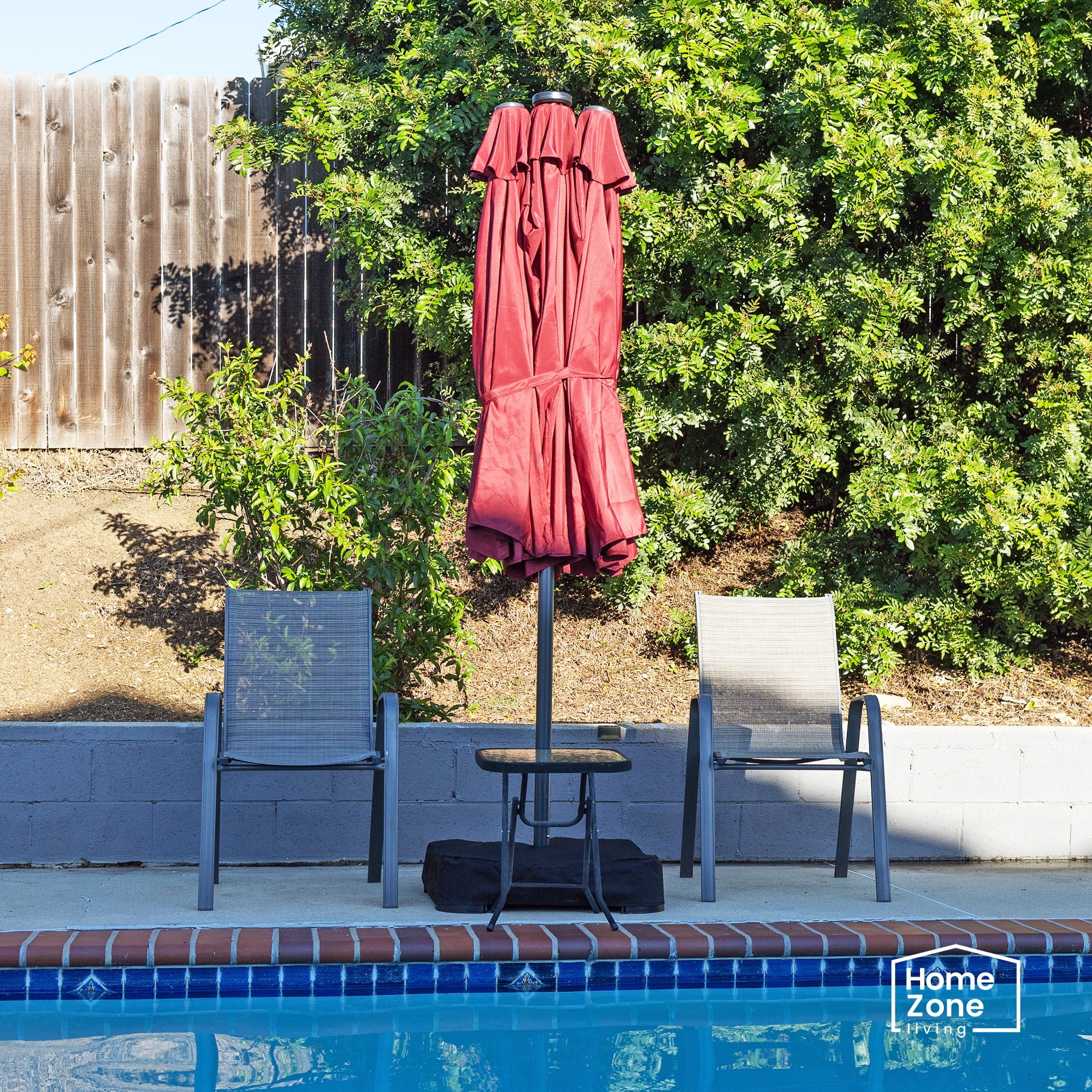 Home Zone Living 15x9 Ft Double Head Patio Umbrella with Base, 36 LED Lights, Sand Bags, UV resistant & Waterproof, 213 LBS Total Weight, Burgundy Red
