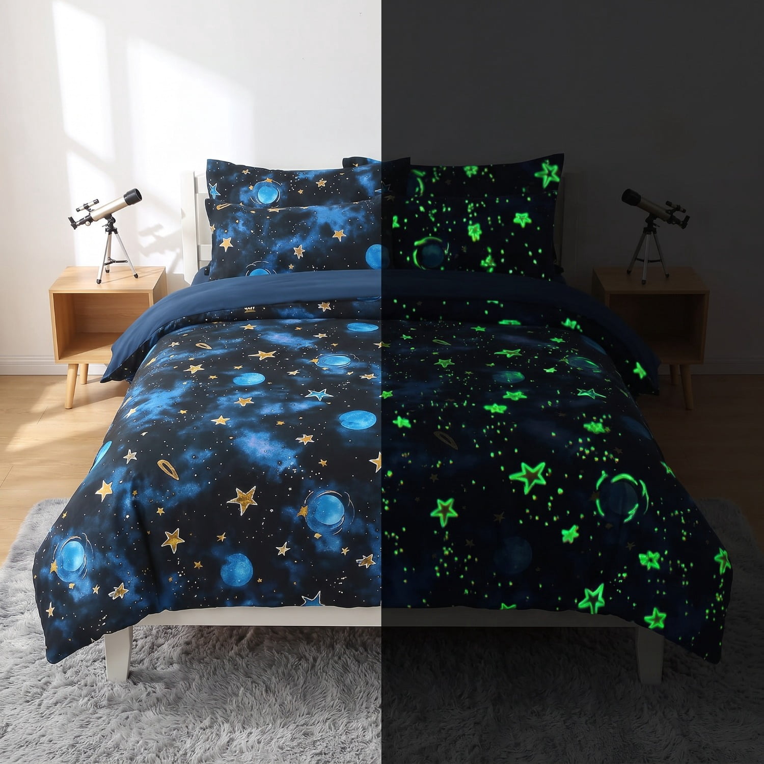 Unbranded Glow in The Dark Kids Comforter Set, 5 Pieces Blue Space Bedding Set Twin Size for Boys Girls Teen, 1 Comforter, 1 Pillowcase, 1 Pillow Sham, 1 Flat Sheet, 1 Fitted Sheet