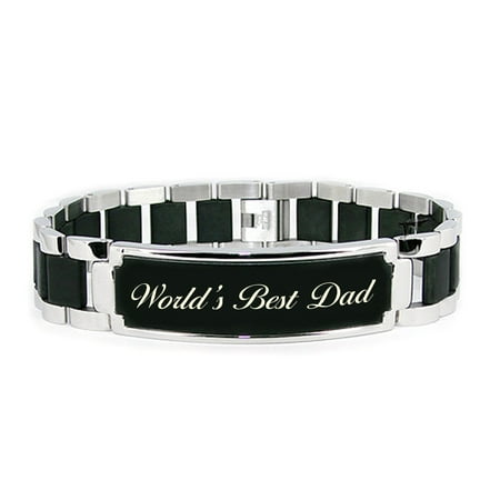 Stainless Steel 8.50 inch World's Best Dad Engraved Black ID