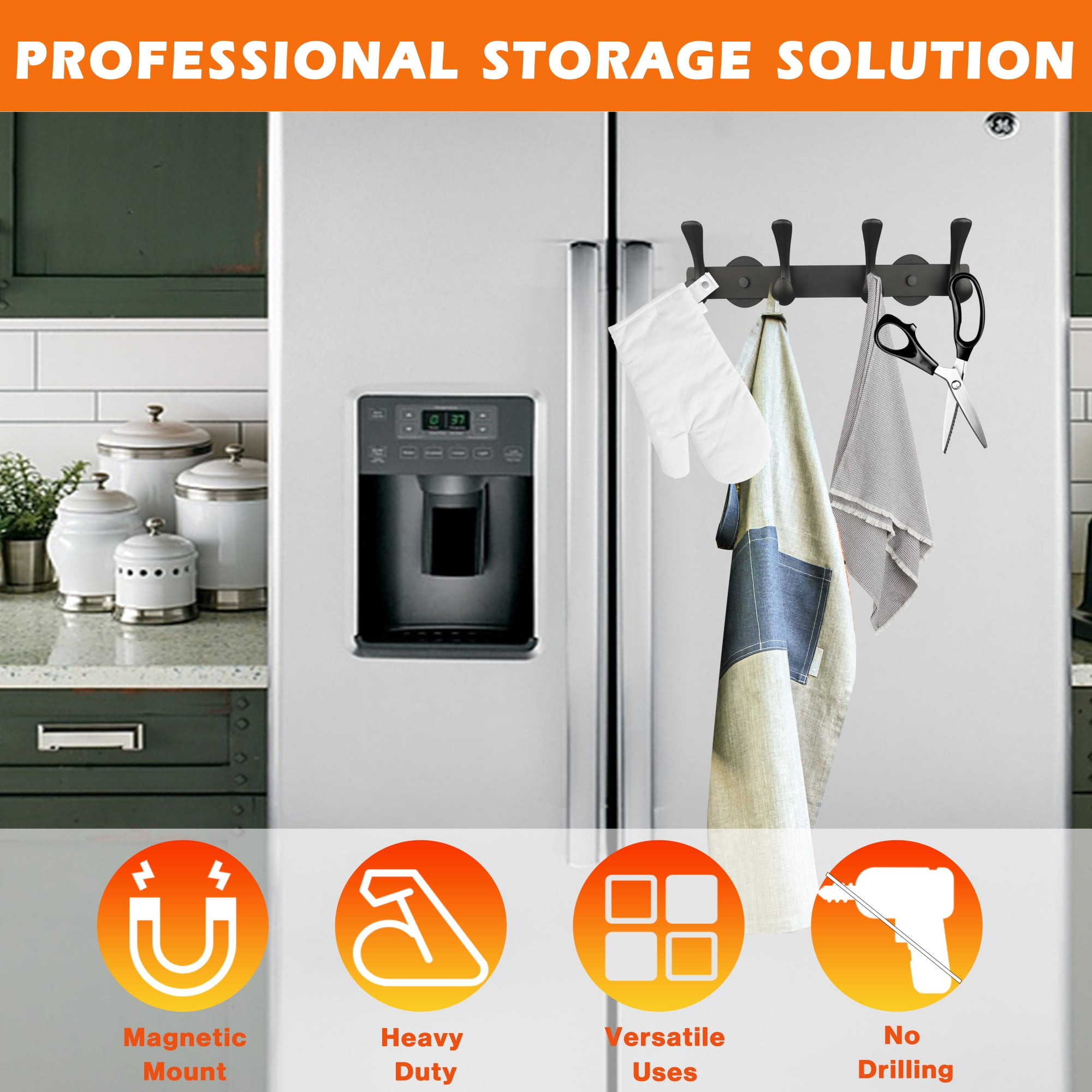 ULIBERMAGNET Strong Magnetic Double Hooks Rack,Heavy Duty Coat Magnetic Rack,Strong Rubber Magnetic Hanger with 4 Hooks for Refrigerator,Metal Cabinet,Hanging Coat, Towel, Bag, Backpack