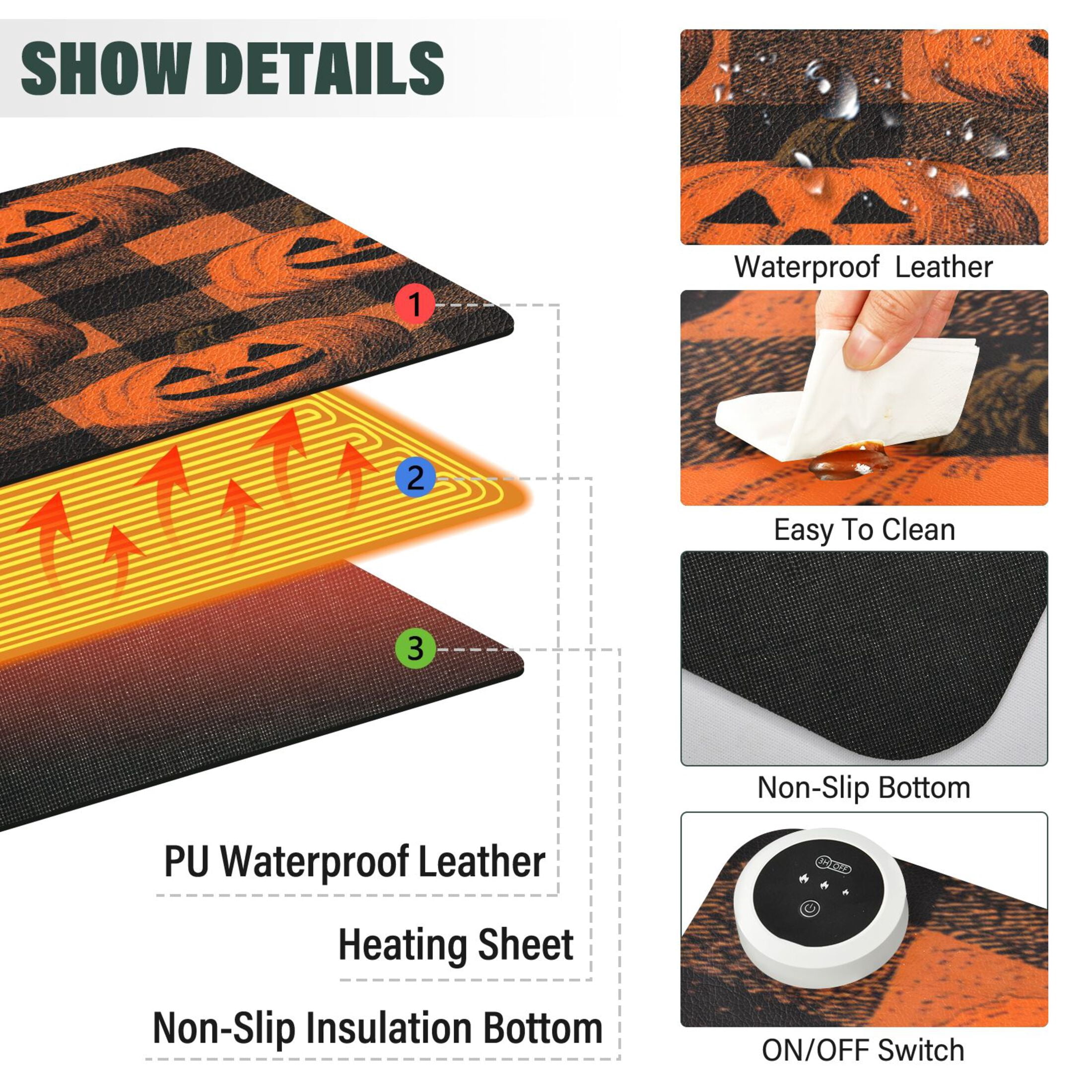 Large Heated Desk Mat Mouse Pad 31.5"x13"PU Leather Graphene Heating Desk Warmer with 3 Temperature Settings 110V US Plug Non-Slip Warm Pad for Home, Office, and Gaming Orange Striped Smiley Pumpkins