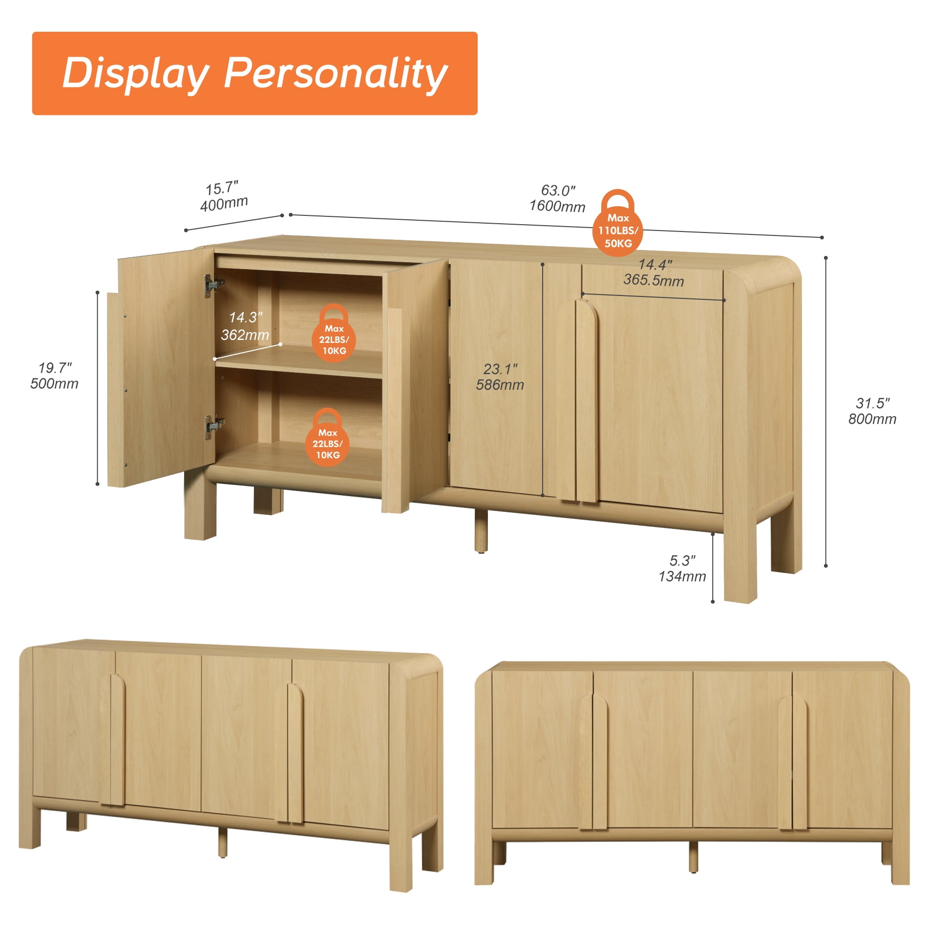 Modern 63" Wooden Sideboard Buffet Cabinet with Storage, Mid-century Credenza with Doors and Adjustable Shelves for Kitchen Living Room, Dining Room