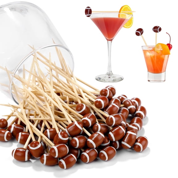 Elcoho 100 Pack Football Themed Bamboo Cocktail Picks, 4.7 inch Sports Appetizer Skewer Toothpicks for Fruit Drink Sandwich Wedding Buffet Party Supplies