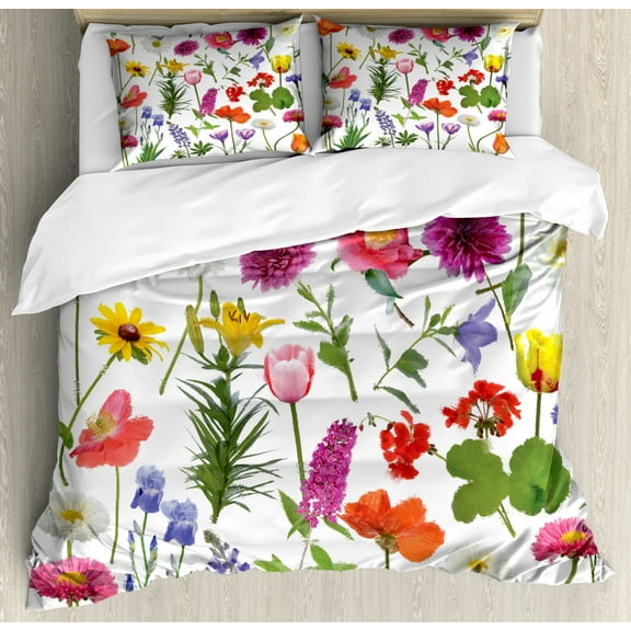 Flower Decor Queen Size Duvet Cover Set, Types of Flowers Colored Roses Tulips Daisies Hydrangeas Lilacs Artwork Print, Decorative 3 Piece Bedding Set with 2 Pillow Shams, Multicolor, by Ambesonne