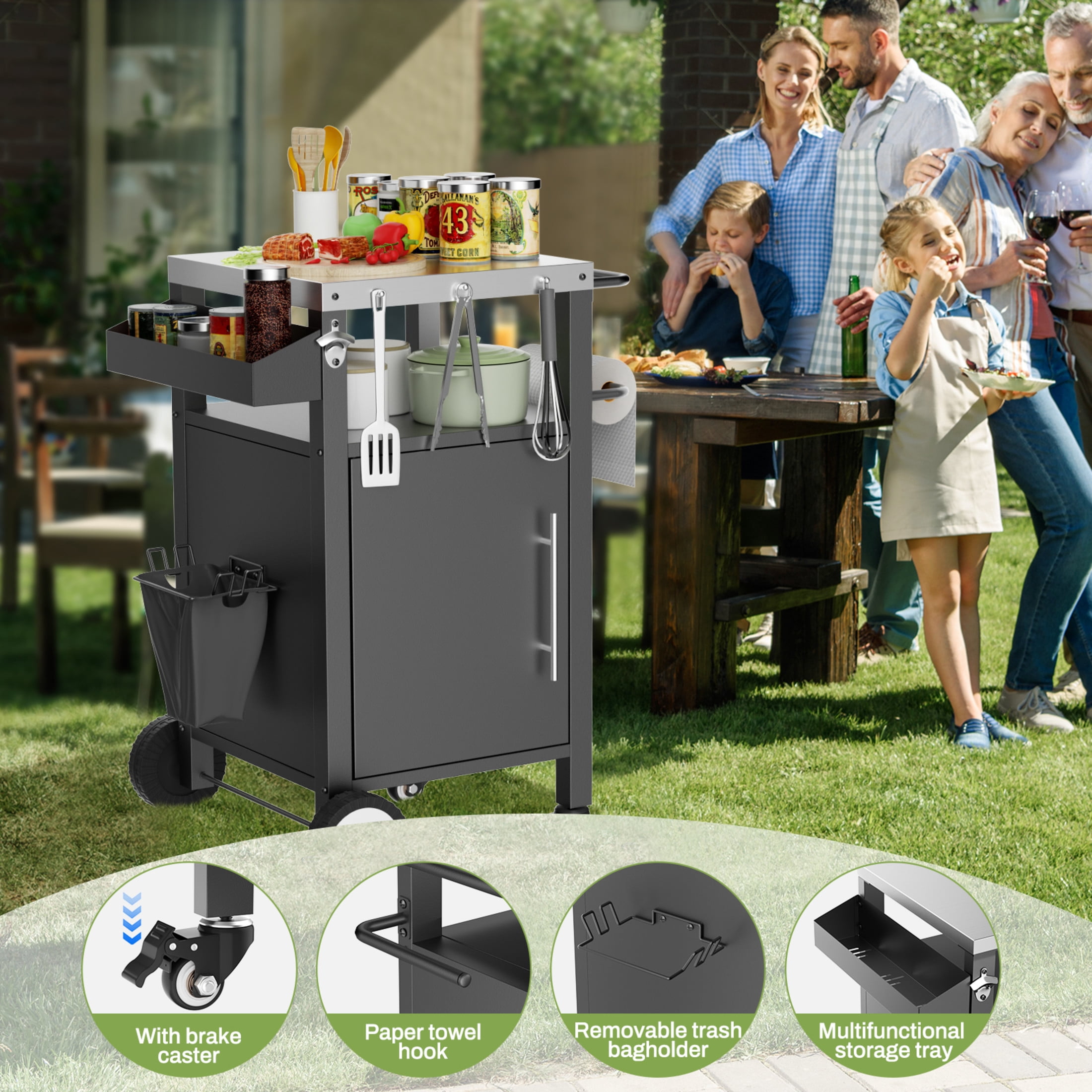 Noble House Outdoor BBQ Grill Table Cart, Stainless Steel Rolling Bar Cart with Cabinet, Hooks & Locking Wheels, Black