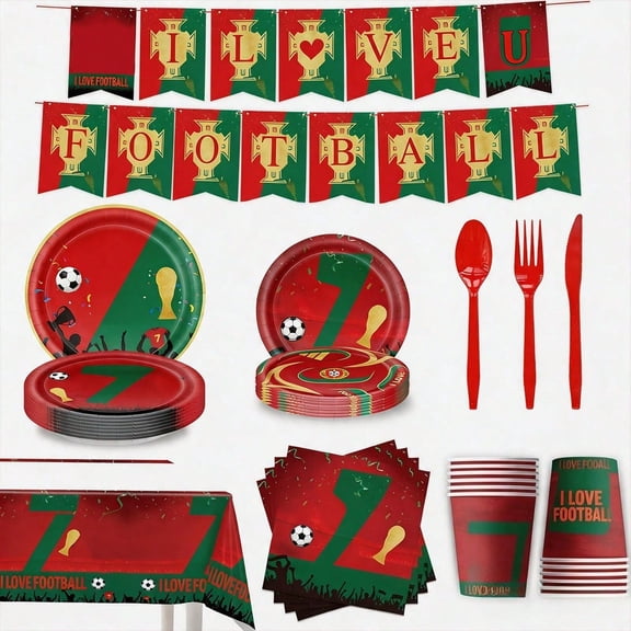 Soccer Fan Disposable Party Tableware Set, Themed Paper Plates, Cups, Napkins, Table Cover and Banner, Game Day Gathering Decor Supplies