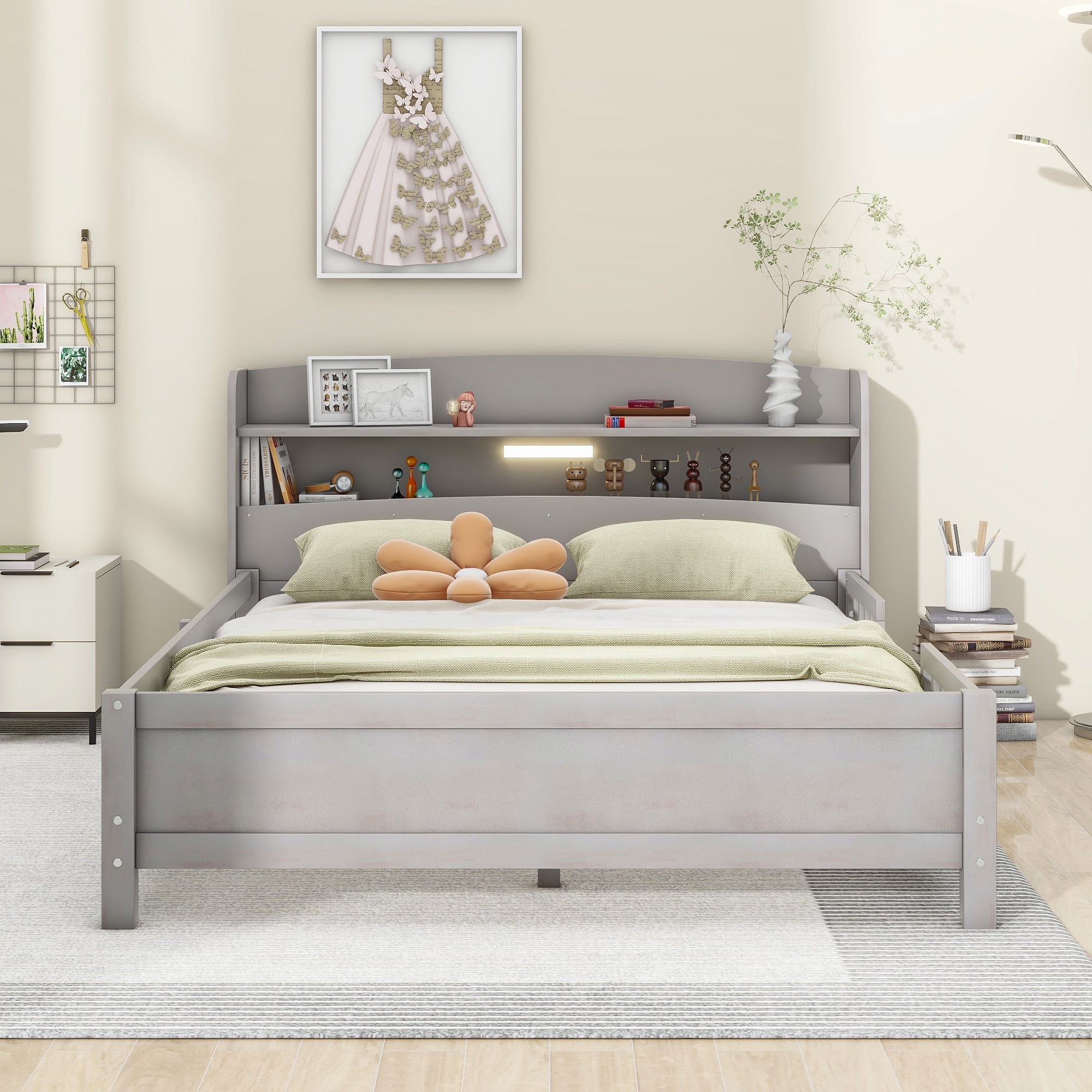 Alvantor Full Size Platform Bed with LED Light, Wood Storage Headboard and Guardrail, Antique Grey