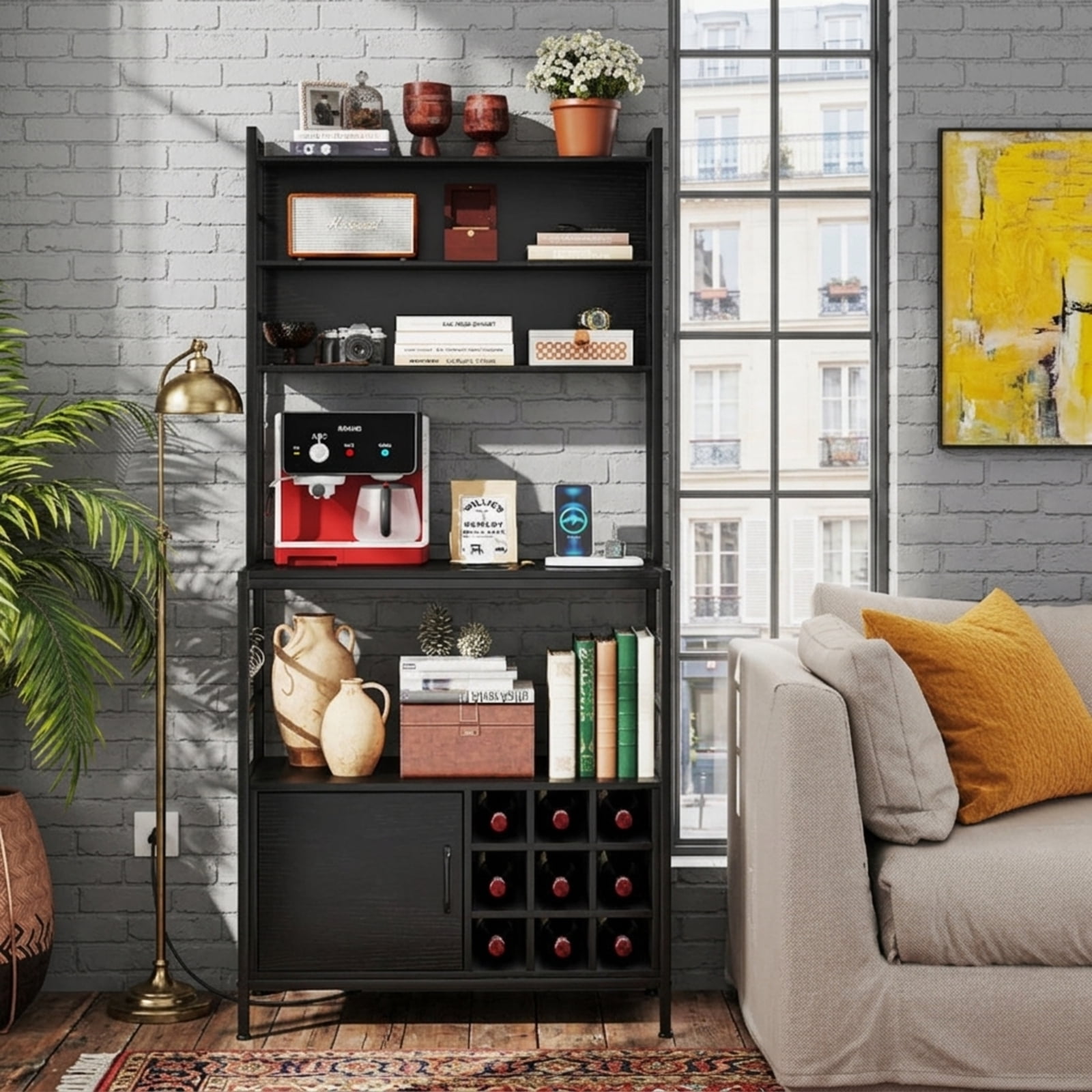 RUIE Coffee Bar Cabinet with Wine Bottle Holders and S-Hooks, Kitchen Baker's Rack Buffet Sideboard with ETL Power Outlet and Anti-Tipping Kit, Black
