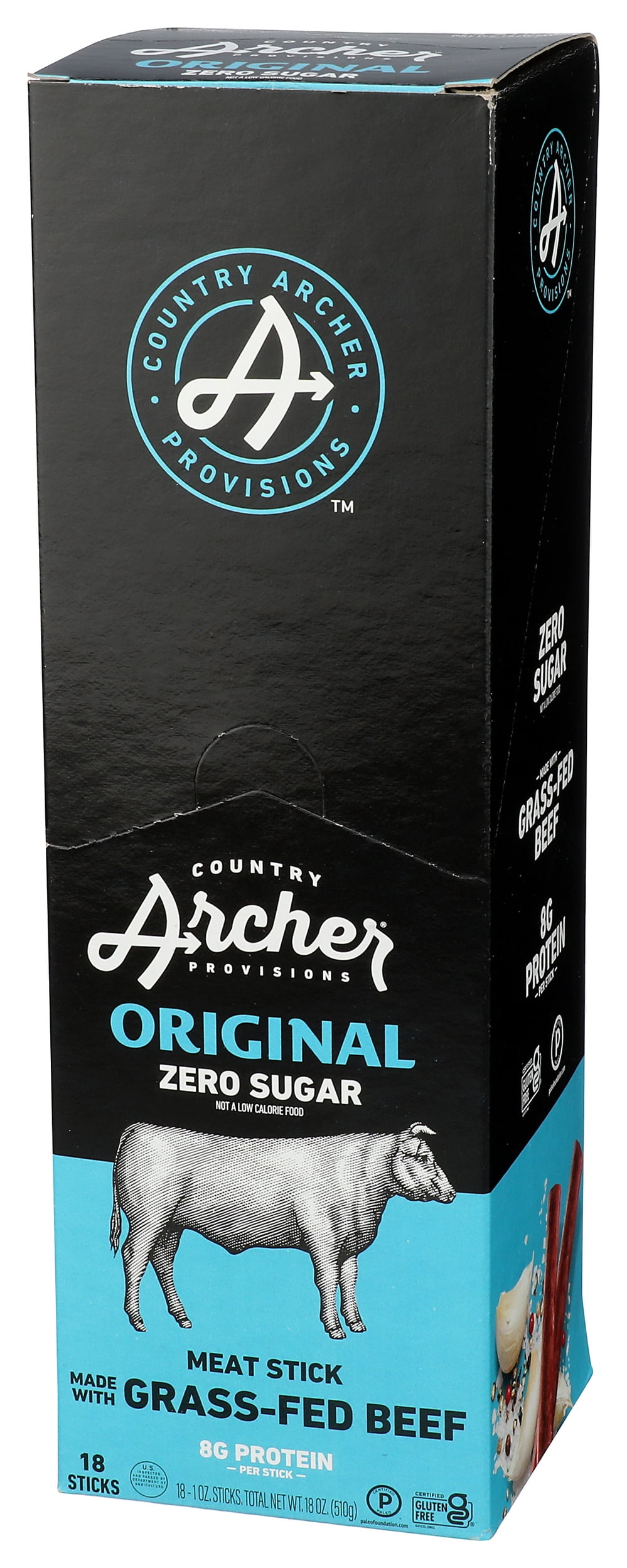 Pack of 18, Country Archer Original Grass-Fed Beef Meat Stick, 1 oz