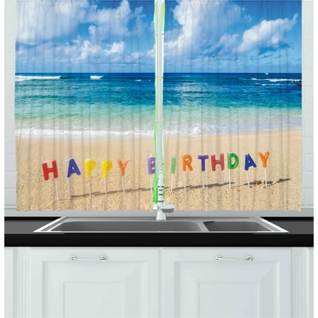 Bar Sign 39 Inch Island Decor - Birthday Curtains 2 Panels Set, Happy Birthday Sign on the Tropical Beach in Hawaii Exotic Sweet Surprise Theme, Window Drapes for Living Room Bedroom, 55W X 39L Inches, Multicolor, by Ambesonne