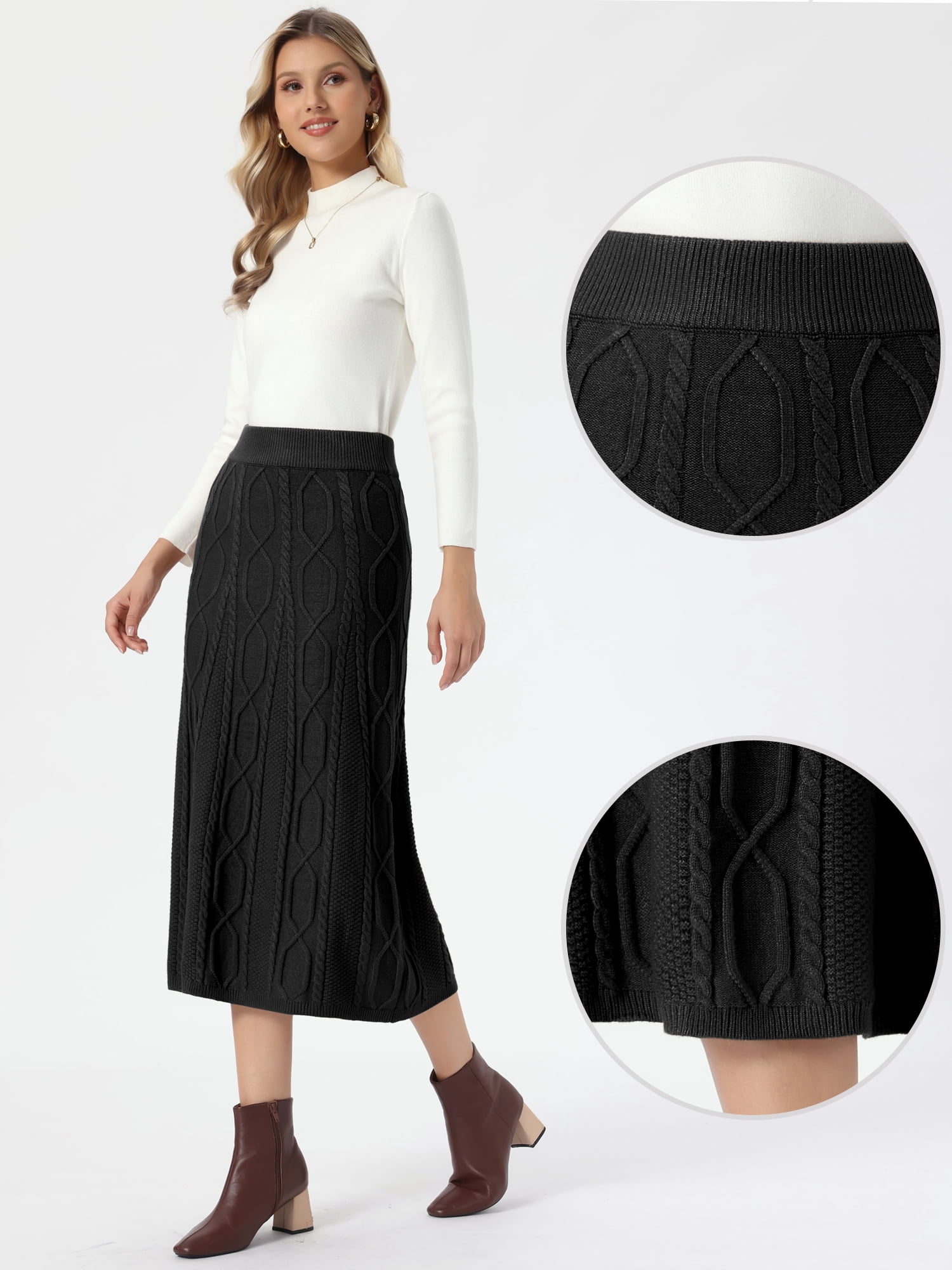 DARING DIVA Women's Cable Knit Sweater Skirt A-Line Ribbed Knit Midi Skirt M Black