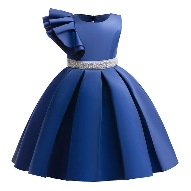 Zshosam Robe en Tulle pour Tout-Petit Robe Fille Contraste en Maille Manches Courtes Bouffantes Ligne A Robe Décontractée de Fête Taille 2T 3T,(Bleu 2-3 Ans)