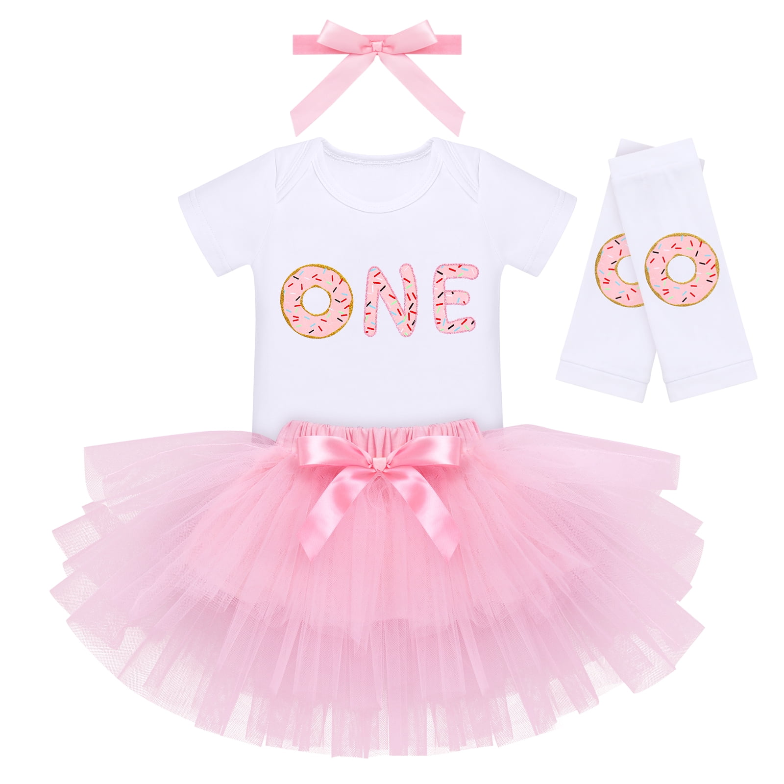 IBTOM CASTLE Baby Girls Donut One Half 1st/2nd Birthday Outfit Sweet Romper Tutu Dress Leggings Princess Skirt Clothes Set 1 Year Donut White-one