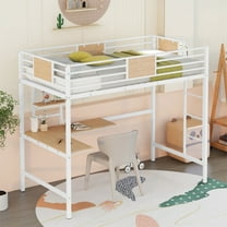 Aukfa Metal Twin Loft Bed with L Shape Desk and Shelve for Kids Teens Dorm Bedroom, White