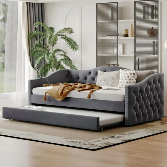 Twin Size Upholstered Daybed with Trundle and USB Charging, Mid-Century Modern Velvet Fabric Bed Frame with Wood Slat Support, Gray Daybed for Bedroom, Guestroom, Dorm, 81.1"x40.55"x29.5"