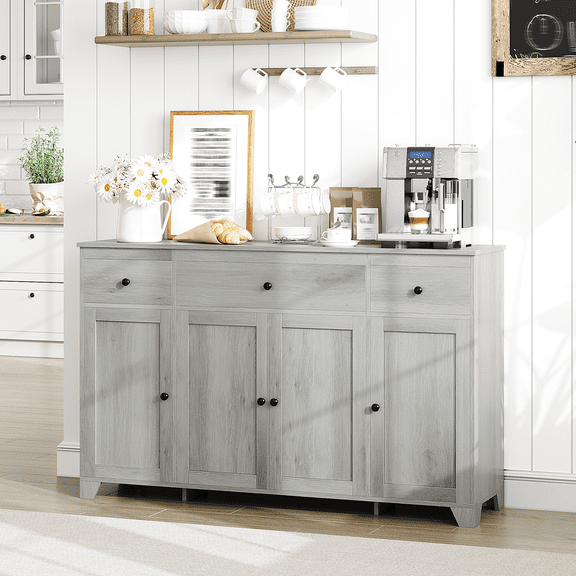 55" Buffet Cabinet with Drawers, Large Sideboard Buffet Storage Cabinet with Shelves and Doors, Minimalist Coffee Bar Station Wood Kitchen Table for Kitchen, Dining Room- Grey