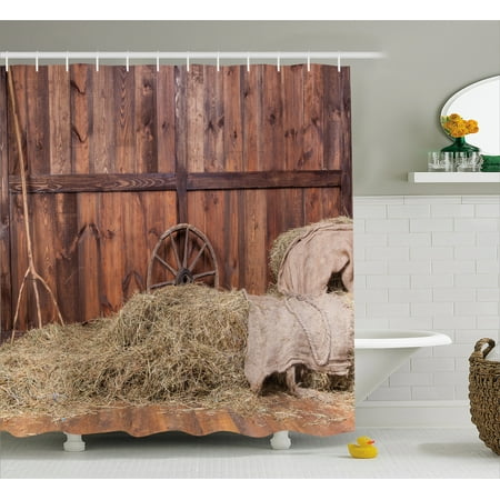 Wood Bathroom Set Barn Wood Wagon Wheel Shower Curtain, Rural Old Horse Stable Barn Interior Hay and Wood Planks Image Print, Fabric Bathroom Set with Hooks, Brown Dust, by Ambesonne ()
