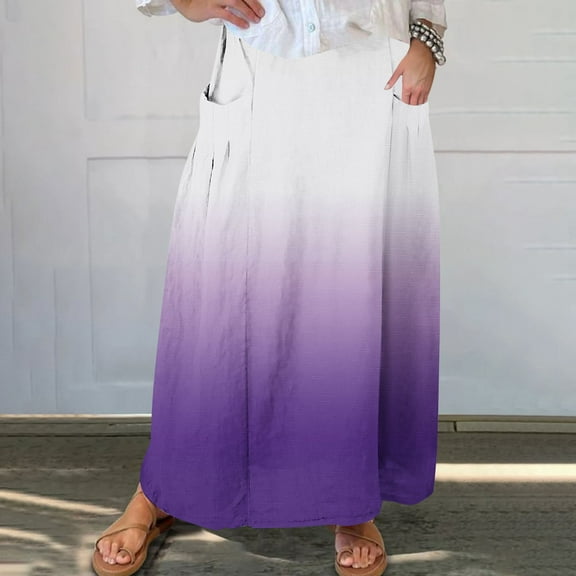 BRGZLK Women's Boho Skirts Summer Ombre Color Casual Trendy Flowy Swing Elastic High Waist Lightweight Breathable Comfy Pleated A-Line Midi Skirt with Pocket Purple XL