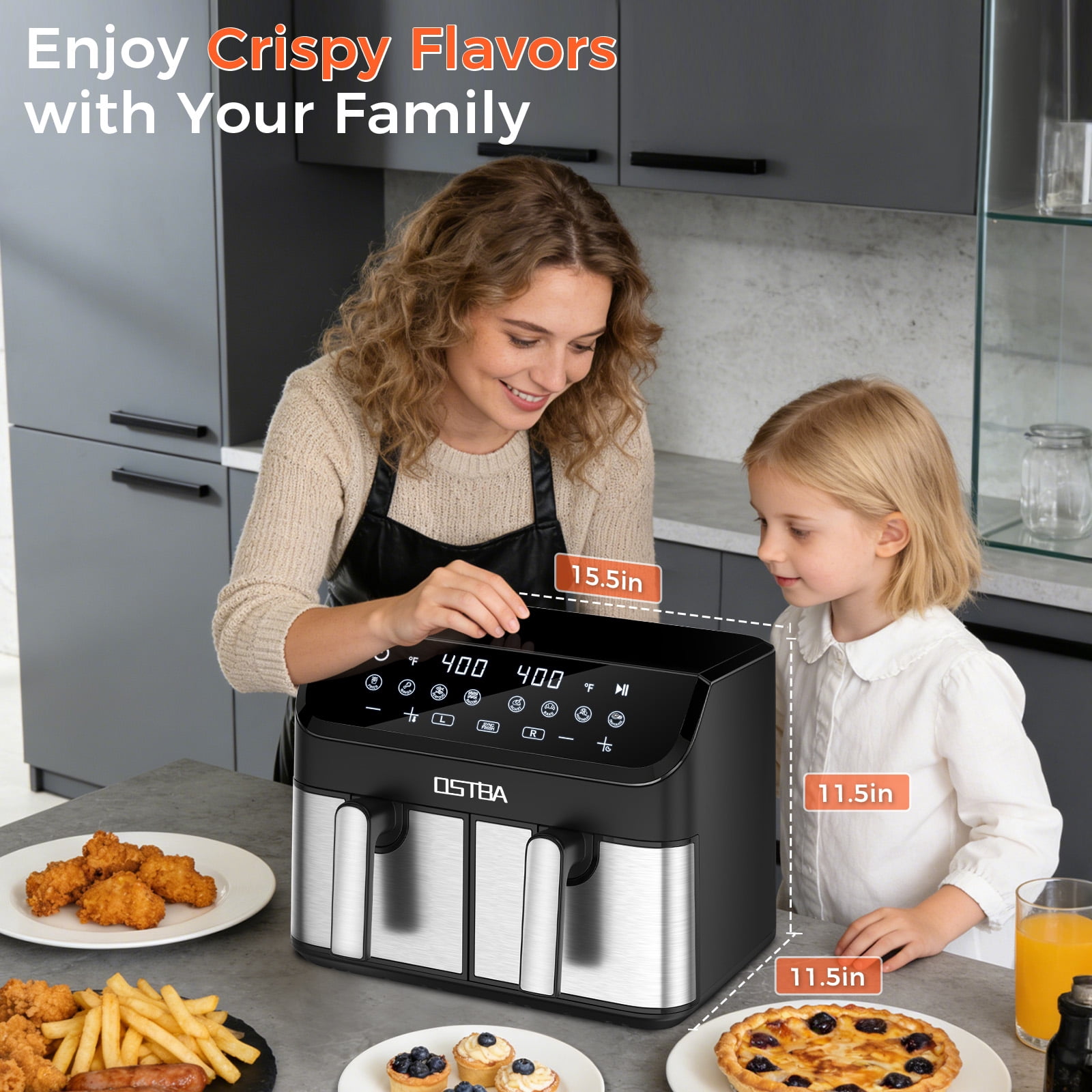 OSTBA 9.5QT Dual Basket Air Fryer, 1700W Double Drawer Air Fryer with Sync Finish, 8-in-1 Presets, Digital Touchscreen, Air Fry, Roast, Bake, Dehydrate, Oil-Free Family Size Cooker, Black