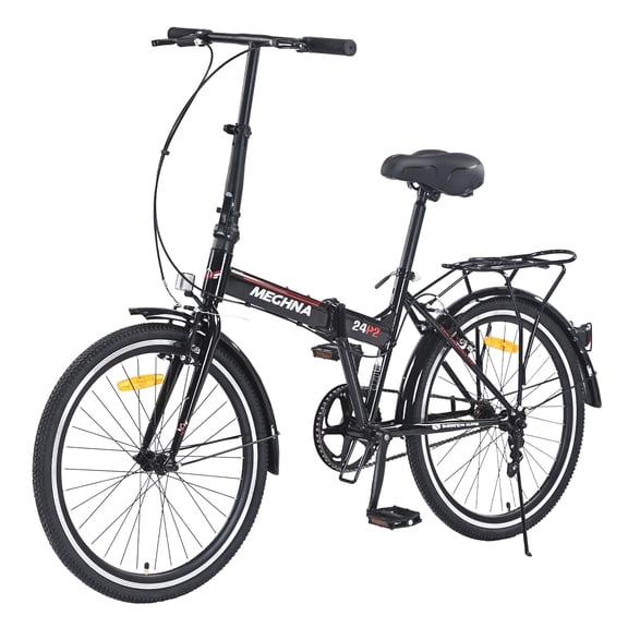 Meghna 24 inch Folding Bike Single Speed V Brake City Commuter Bicycle with Mudguard for Men Women Daily Commuting Black