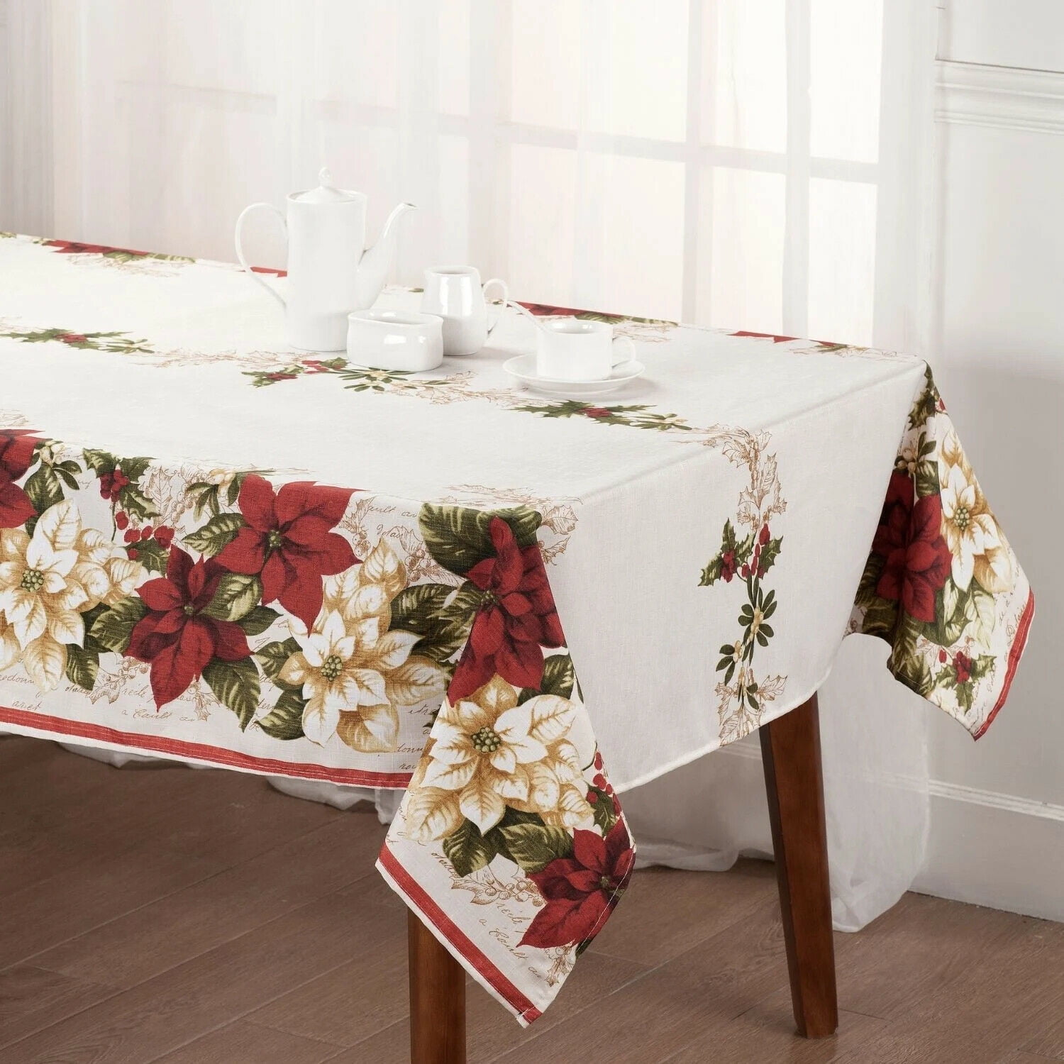Mantel de Navidad Poinsettia Mezclado Mesa Decoración Diseño Impreso 4 Tamaños - Imagen 3 de 5
