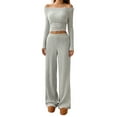 thumbnail image 2 of Fewfanhot 2 Piece Sets for Women Long Sleeve Off Shoulder Top & High Waist Wide Leg Pants Set, Cozy Fall Winter Casual Outfit, Lounge Wear Set, 2 of 5