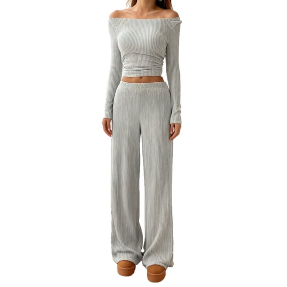 Sexy 2 Piece Outfits for Women Solid Slimming Long Sleeve Off Shoulder Tops Flared Pant Set Tracksuit Clubwear