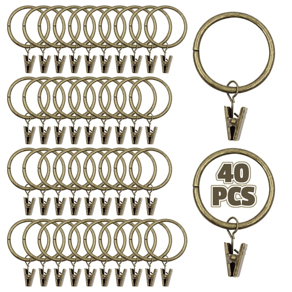 40 Pack Metal Curtain Rings with Clips, 1.5” Interior Diameter, Drapery Curtain Rod Clips Hooks, Antique Bronze Vintage Decorative Window Hangers for Bedroom Living Room