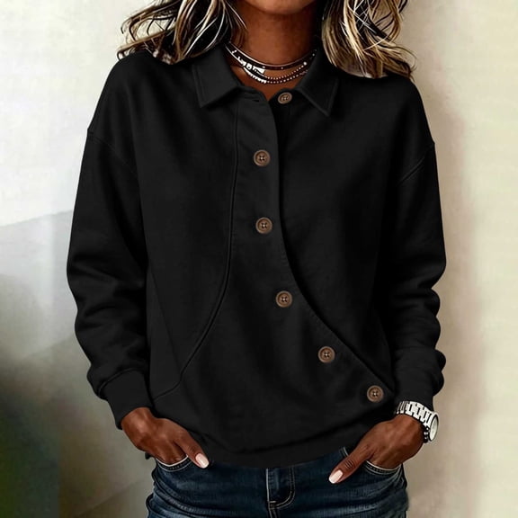 WIZUTIZ Women's Solid Color Button Front Lapel Collar Long Sleeve Sweatshirt Casual Sporty Pullover Top for Winter