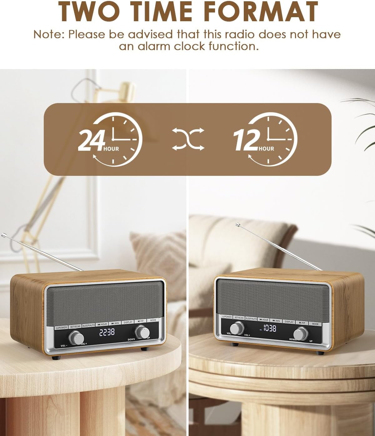 Retro AM FM Radio Plug in Wall, Digital Clock Radio for Bedroom with LCD Display| 40 Presets | Sleep Timer | No Alarm, Retro Bluetooth Speaker for Office,Great Gift Wood