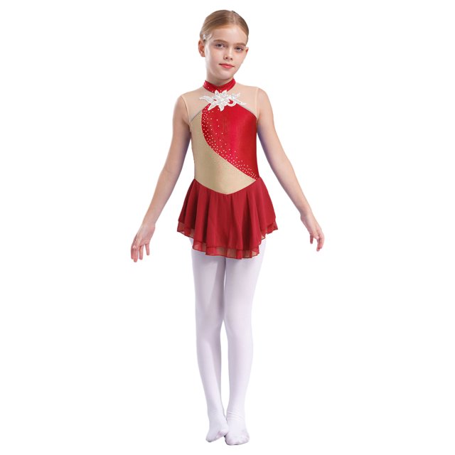 Zaldita Robe de Danse Ballet Sans Manches à Paillettes Florales pour Filles, Costume de Patinage sur Glace, Rouge 8