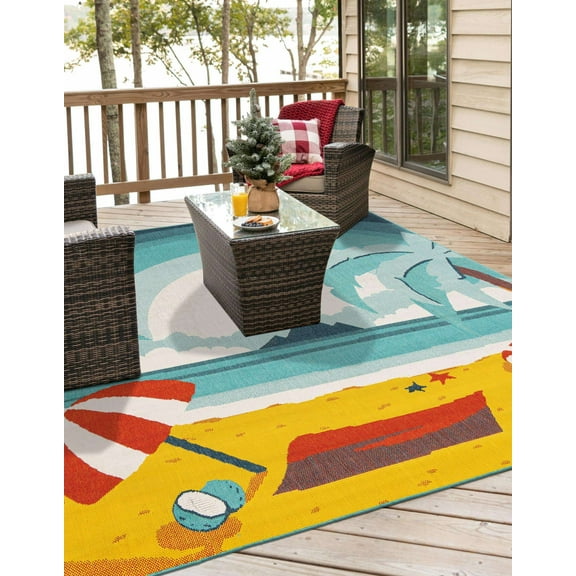Unique Loom Outdoor Coastal Collection Area Rug - Beach Day (7' 10" Square Multi/Navy Blue)
