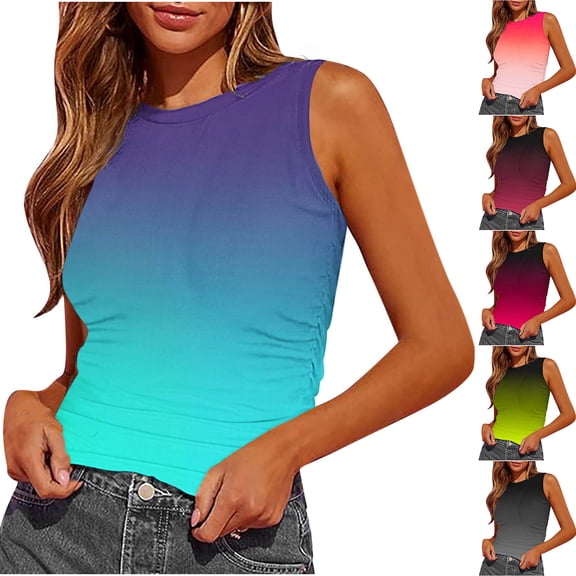 Ashirexll Tank Tops for Women, Summer Sleeveless Round Neck Slim Side Ruched Basic Tee Shirts