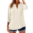 thumbnail image 2 of Womens 3/4 Sleeve Tops Cotton Button Down Shirts V Neck Pleated Casual Loose Blouses Roll Up Sleeve Shirt Beige XL, 2 of 5