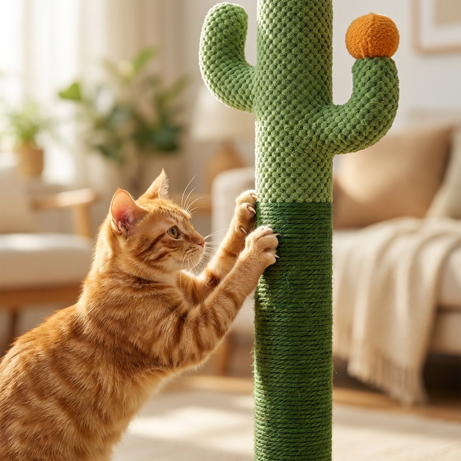 Cactus Cat Scratching Post with Sisal Rope, Stable Interactive Cat Tree with Hanging Ball for Indoor Cats, Durable Furniture Protector for Kittens and Adult Cats, Green Pet Toy, M