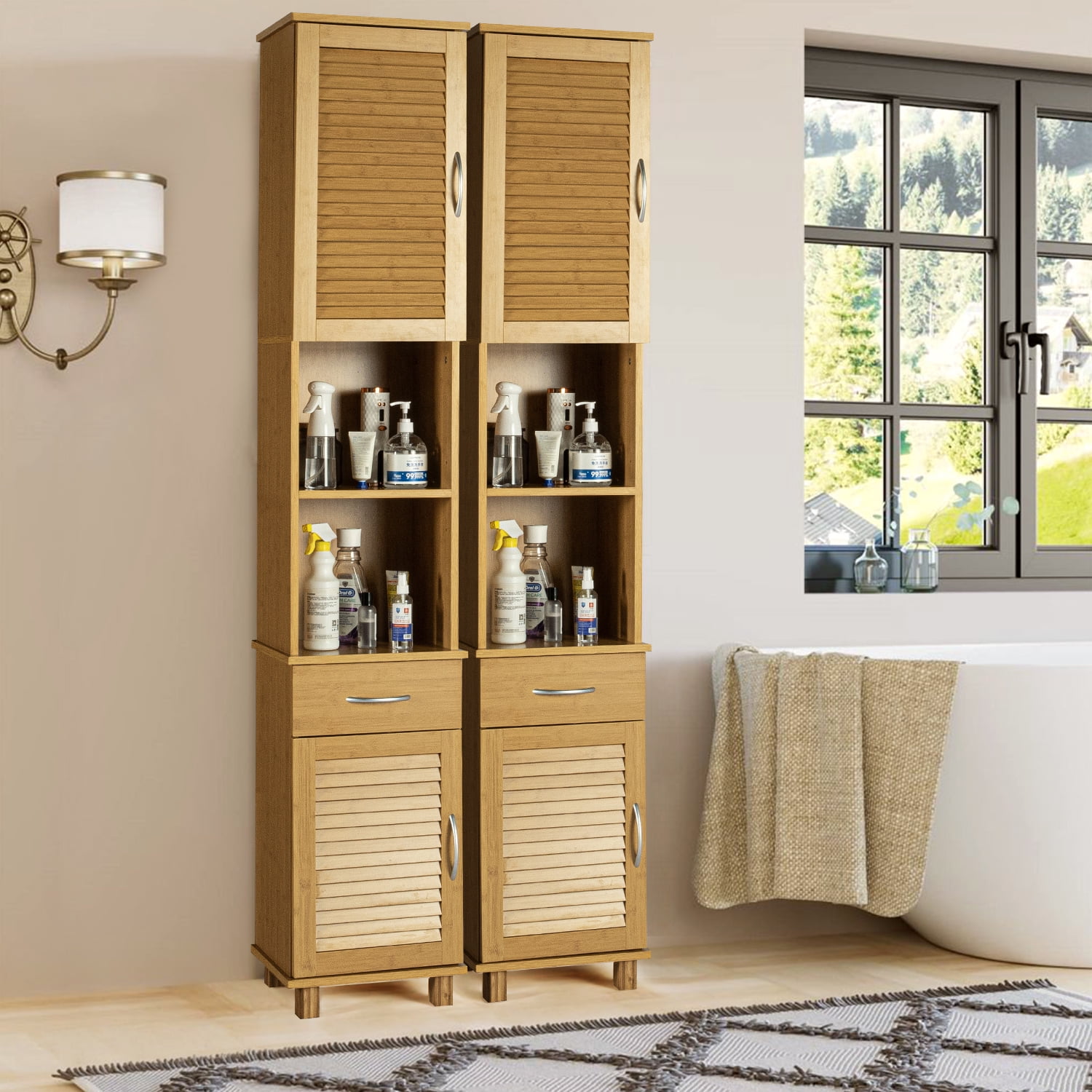 Kadyn Bathroom Tall Linen Tower, Free Standing Bathroom Cupboard with Open and Concealed Shelves, Bathroom Storage Cabinet Linen Cabinets, Brown